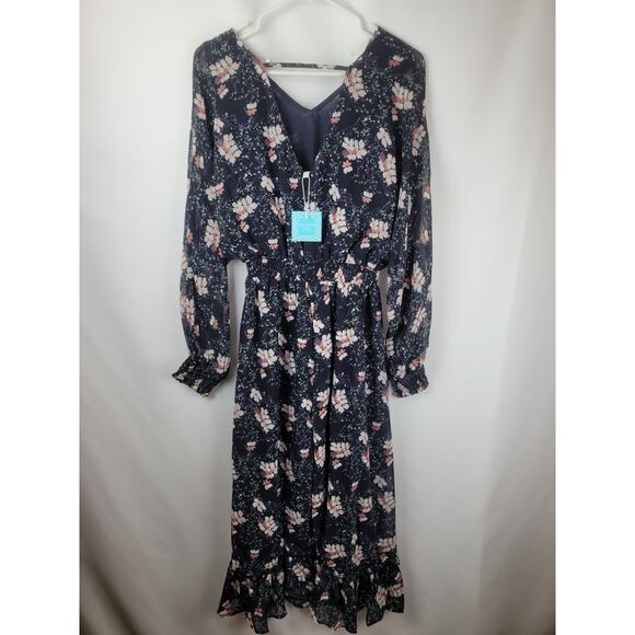 Hayden Los Angeles Women's Blue Floral Print V Neck Smock Waist Maxi Dress Sz S - Picture 4 of 8